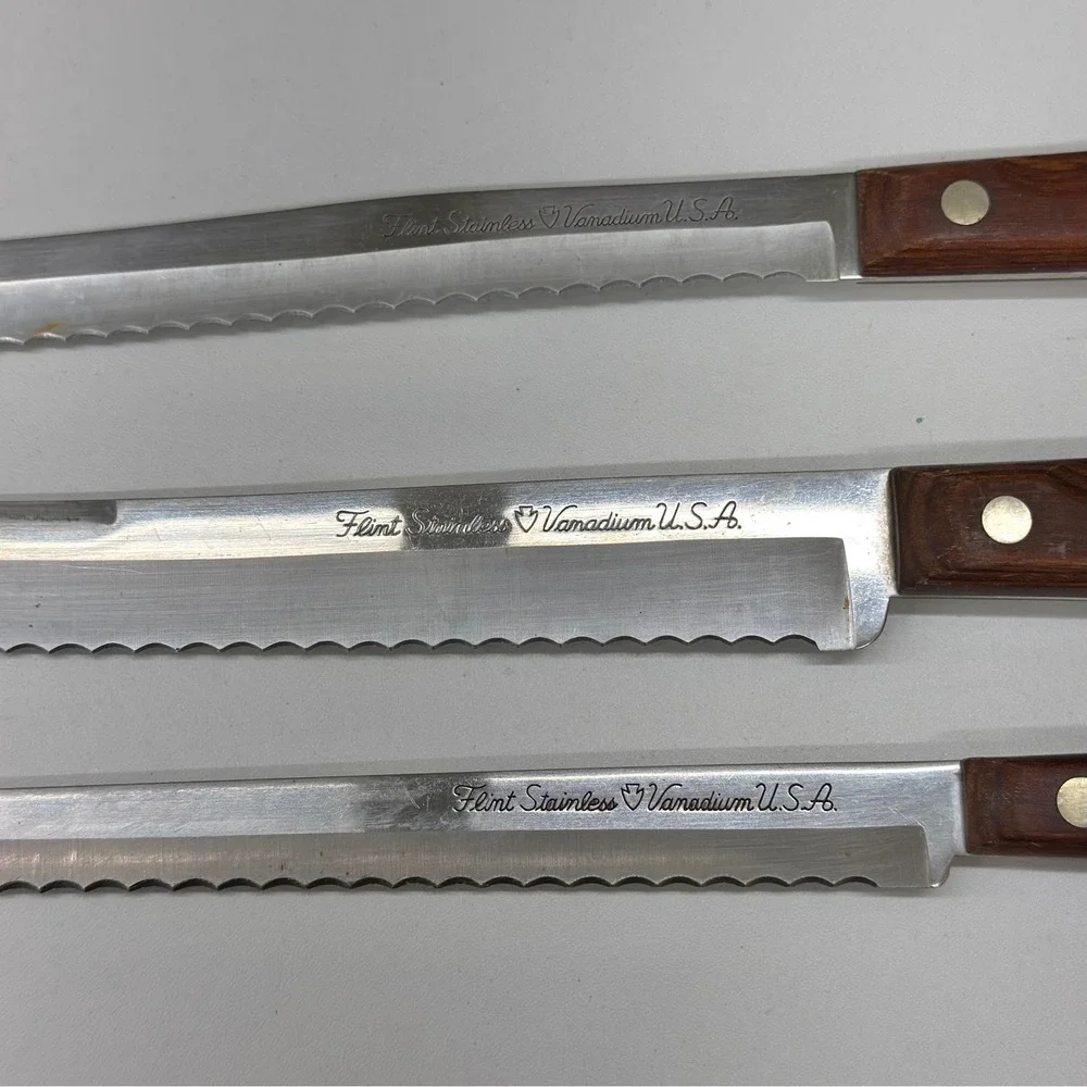 Vintage Flint Stainless Vanadium USA Knife Set of 3 Serrated Wood Handle Cutlery